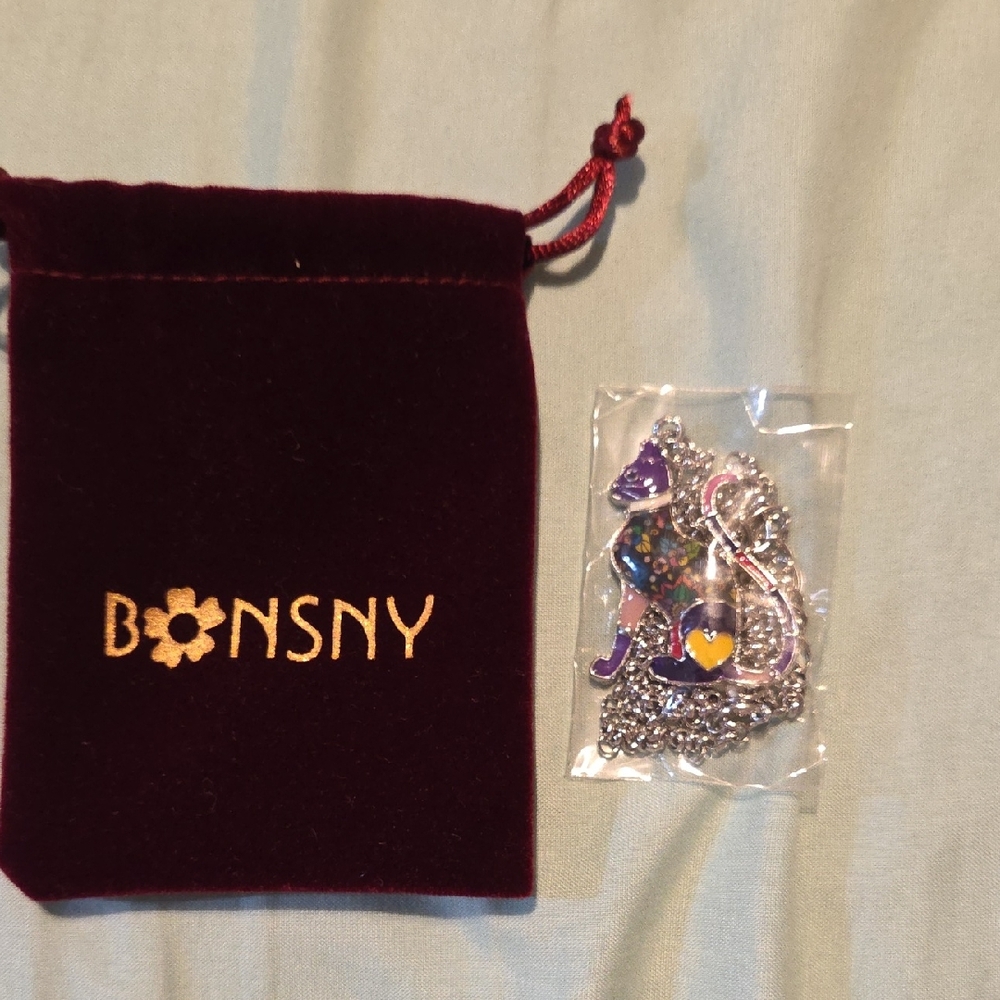 Purple and Silver Cat Pendant Necklace